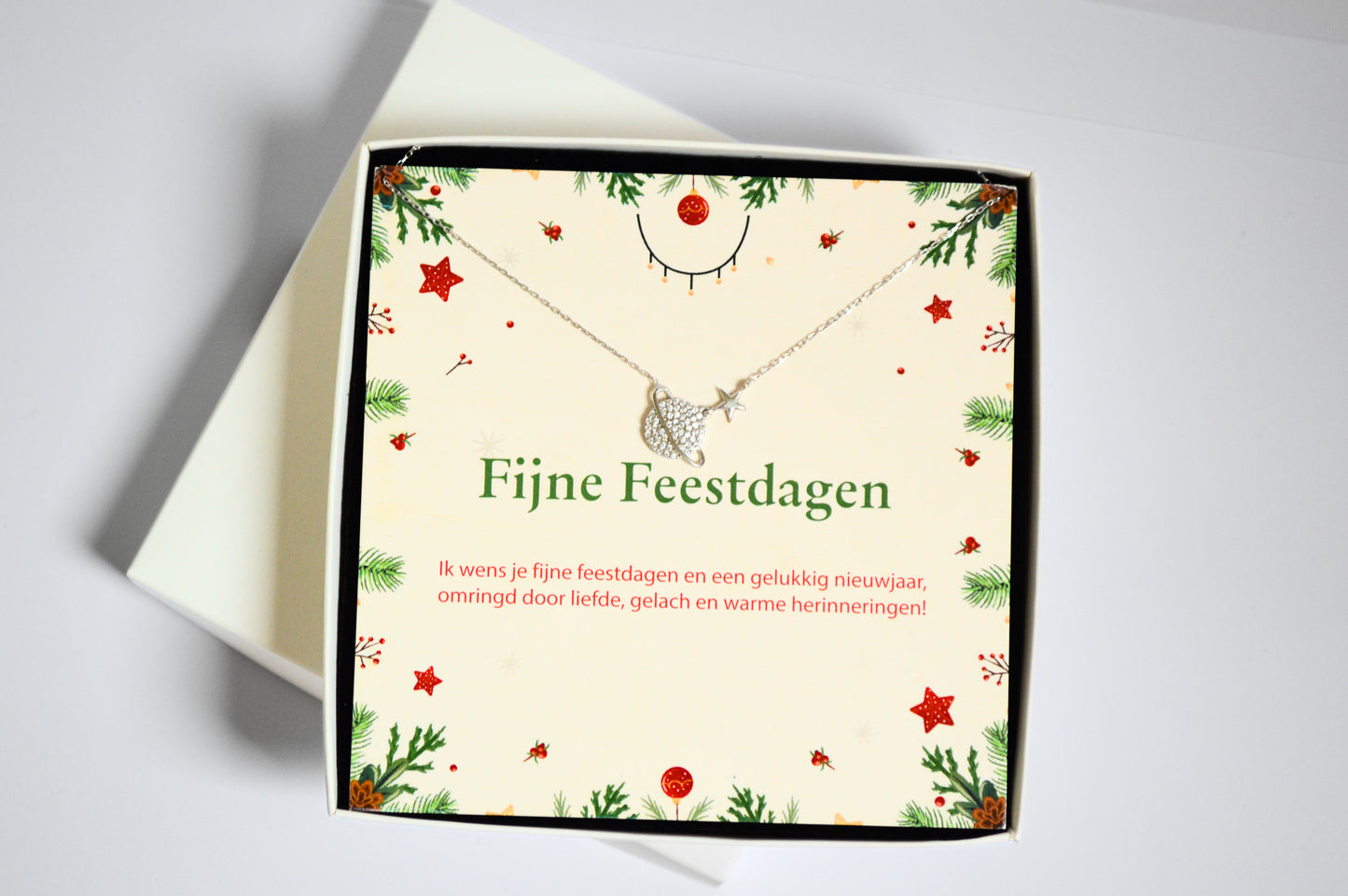 925 Sterling Zilveren Planeet Ketting met Fijne Feestdagen Wenskaart